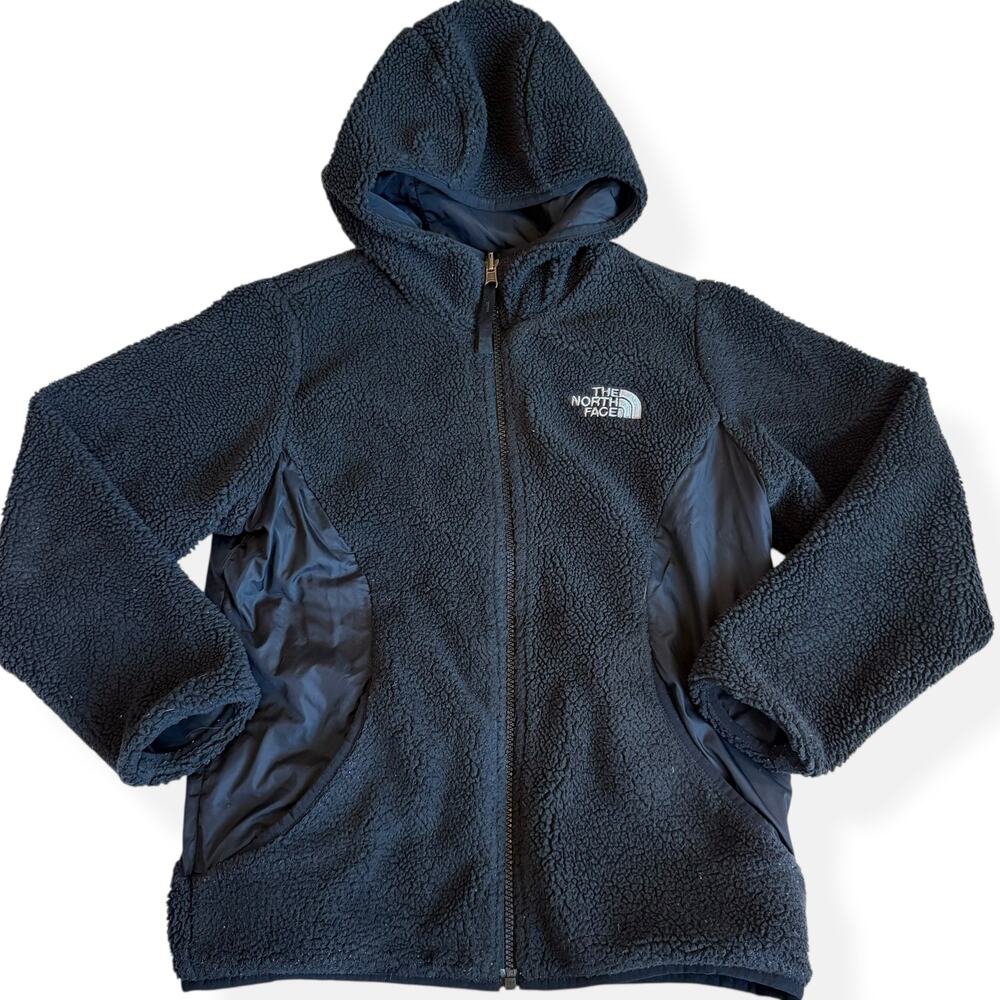 The North Face Girls Black Reversible Puffer Sherpa Coat Jacket Medium 10/12